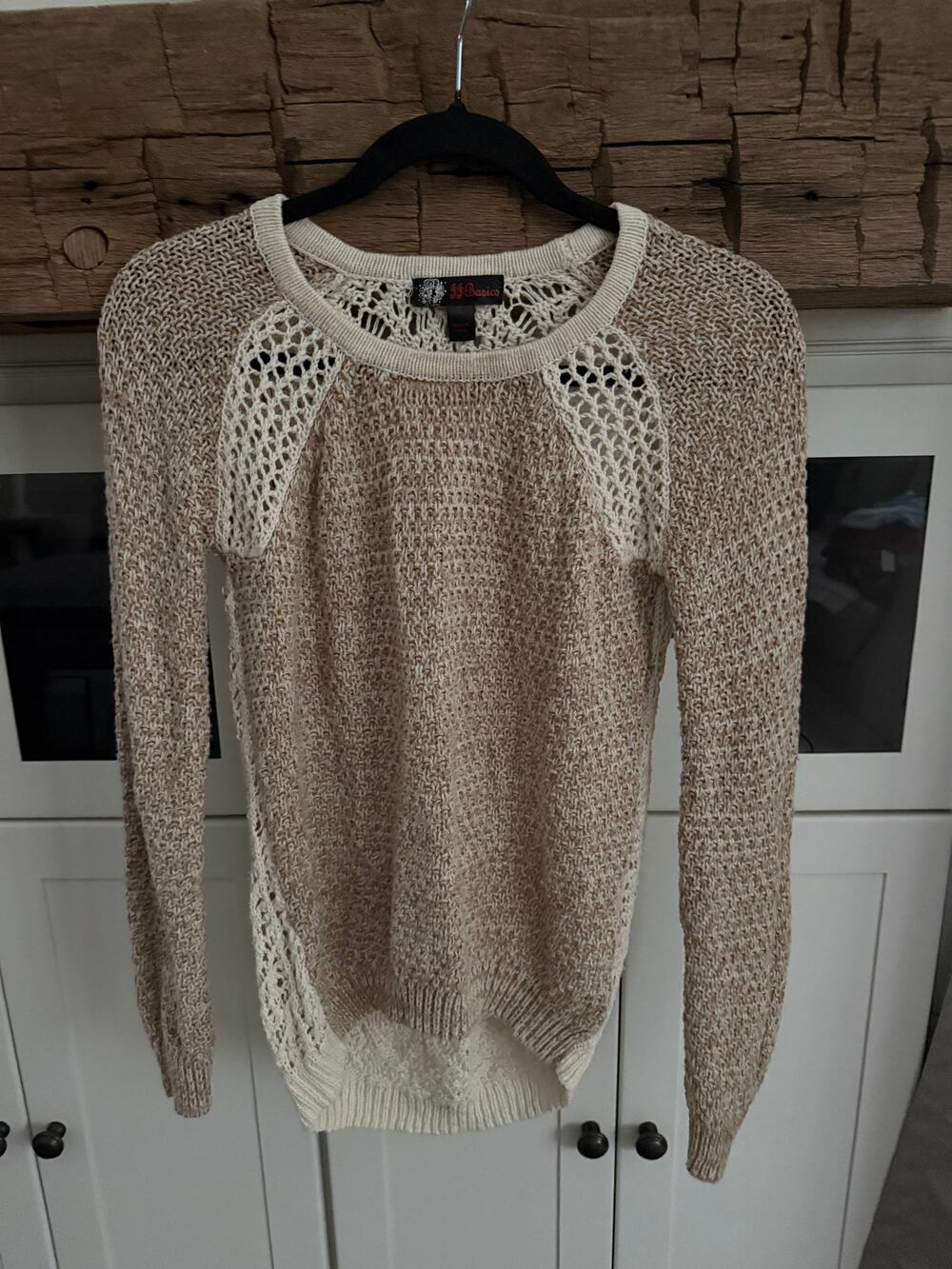 J.J. Basics Beige Open Knit Sweater S Crochet Boho Lightweight Layering Top